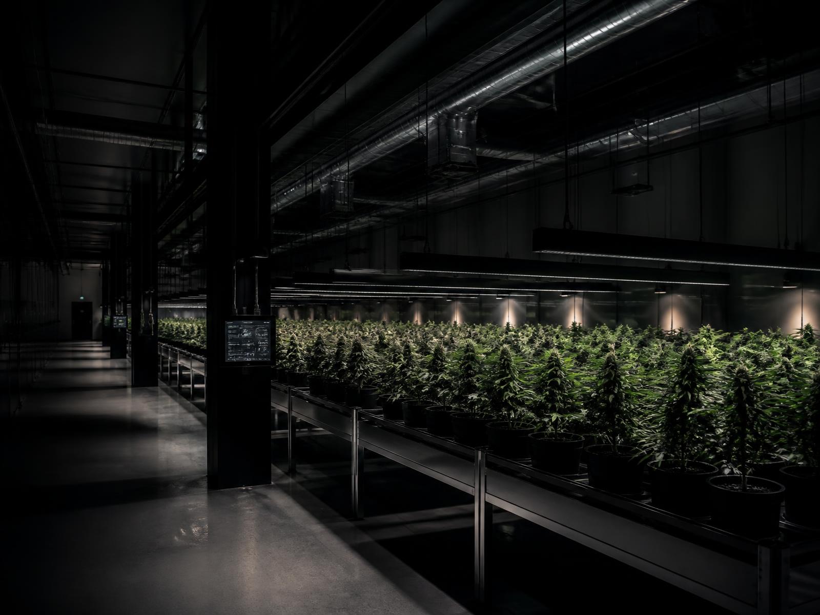 Interior of a modern industrial cannabis cultivation facility at night